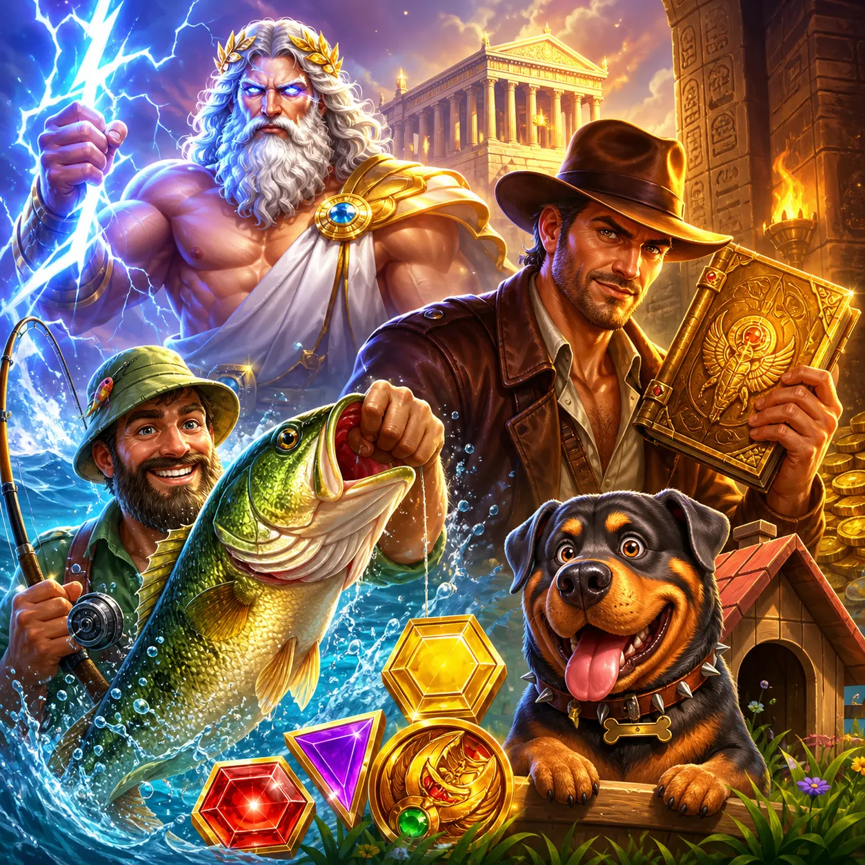 Premium slot game art featuring characters and vibrant environments.
