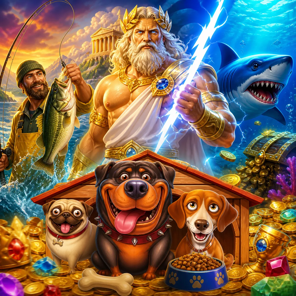 Illustrative slot game image featuring mythological and animal characters in a vibrant fantasy setting.